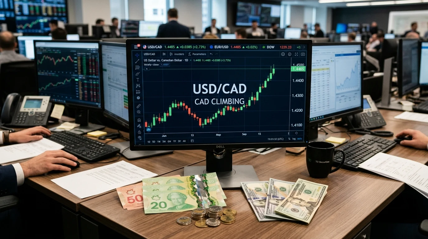 USD CAD exchange rate climbing past 1.41 toward 1.45 on financial market monitors