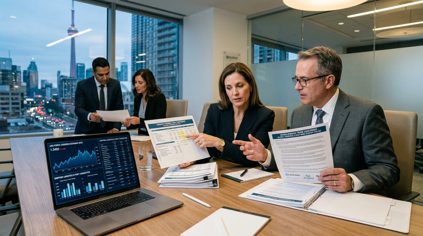 Business executives reviewing cross-border international trade documents and currency hedging spreadsheets