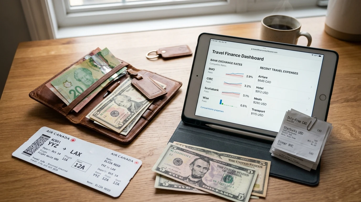 Travel wallet with Canadian and US cash beside tablet displaying bank foreign exchange markups