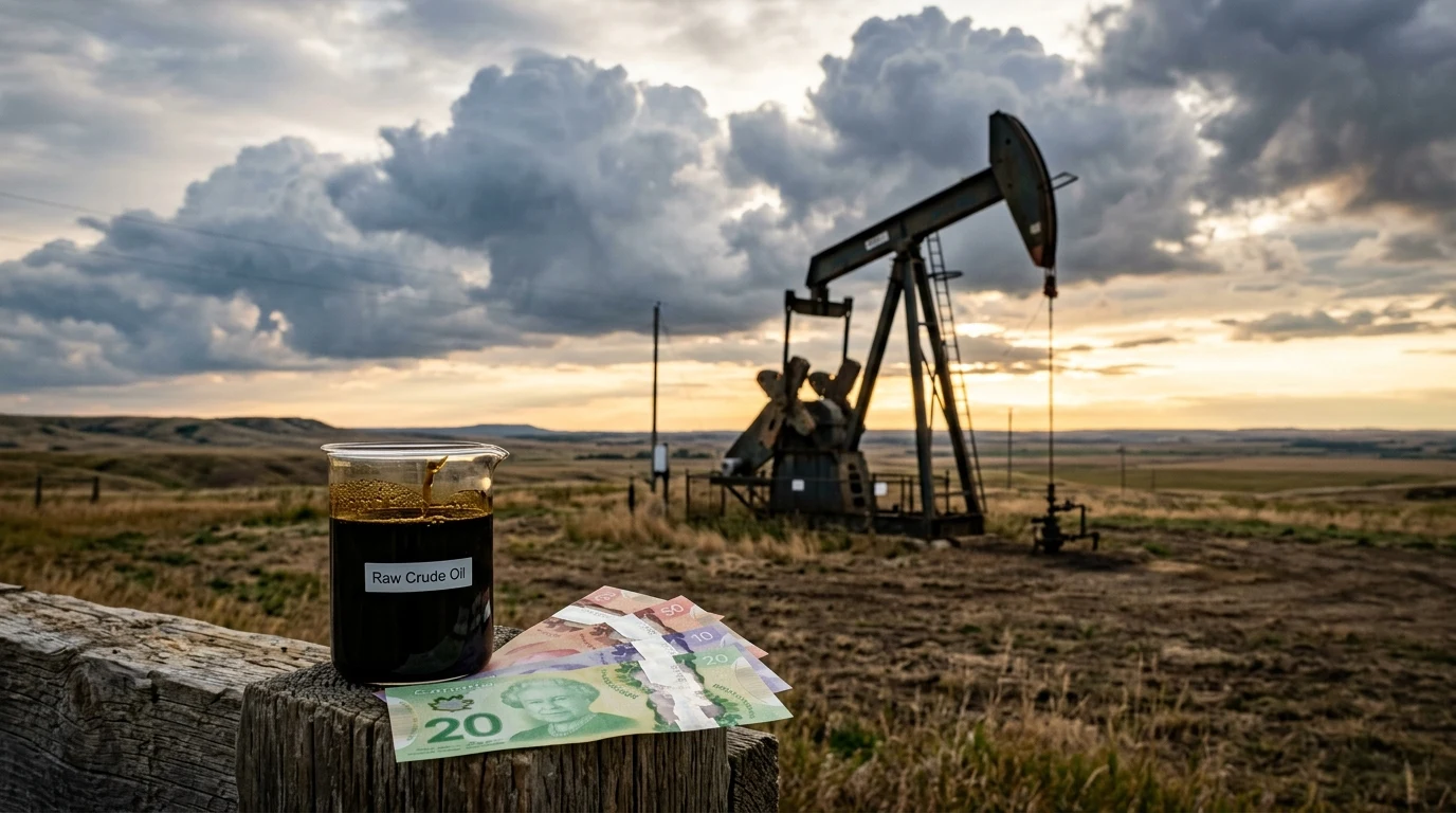 Oil pumpjack in Canadian Prairie field with crude oil beaker and Canadian currency