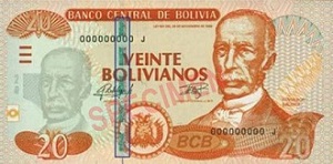 Bolivian Boliviano Banknote - 20 Boliviano Front Version B