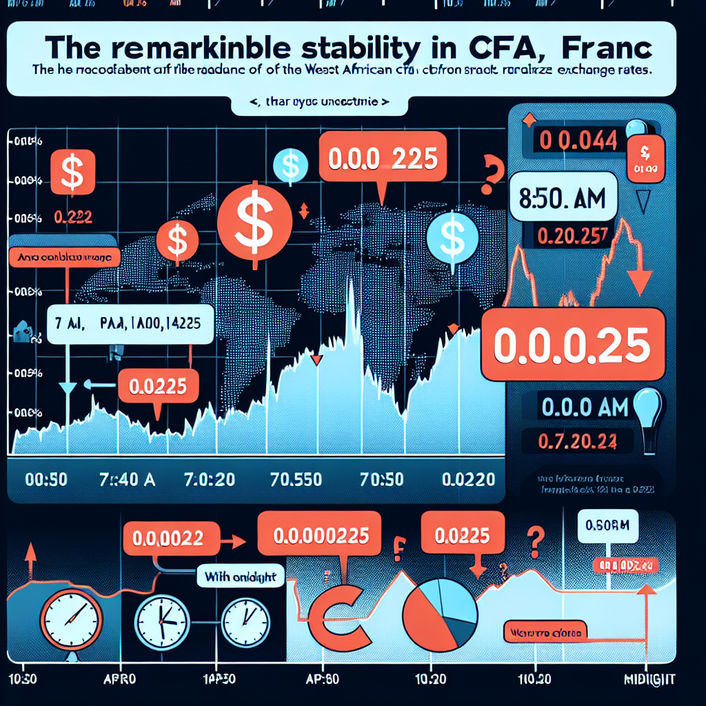  Remarkable Stability in XOF Exchange Rates Sparks Market Confidence

In an unexpected turn of events, the exchange rates for the West African CFA franc, symbolized as XOF, have recently shown an unparalleled level of stability. This significant economic marker was spotted in the intervals of data provided, spanning from midnight to midnight on the 10th of April, 2024.

The commencement of the day saw XOF rates hovering consistently around 0.00225. This held without any fluctuations for several hours. While minor changes were noted at around 1:30 AM, when it fell to 0.00224, this decrement was minimal as the rate quickly bounced back to the original value.

The rates then remained unfluctuated for a substantial period. It was observed that even the slightest change to the rate attracted instantaneous recalibration. As could be expected in a volatile financial market, these exceptional bouts of stability serve as gentle reassurances to investors who often anticipate and prepare for worst-case scenarios. The XOF consistently maintained a value around 0.00224 and 0.00225 throughout the time span observed.

The market noted a slight upswing around 7:50 AM. The exchange rate rose to 0.00226, holding that pace until 2 PM. This relative surge echoed positivity throughout the market.

Subsequently, the exchange rate crossed yet another threshold around 10:10 AM, rising to an impressive 0.00227. Again, this was sustained for a significant period, further proving the stability and resilience of the XOF.

As midnight closed in, traders watched with bated breath for any changes. However, the rate nosedived marginally to 0.00224 again, continuing to wave between this and 0.00225 till the close of the day.

Such consistency in the forex market is uncharacteristic but reassuring. The durability displayed by the XOF indicates a robust and resilient economy, sparking increased investor confidence and optimism about the market